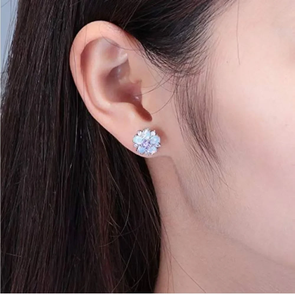.925 Sterling Silver with White Fire Opal and Amethyst Flower Stud Earrings